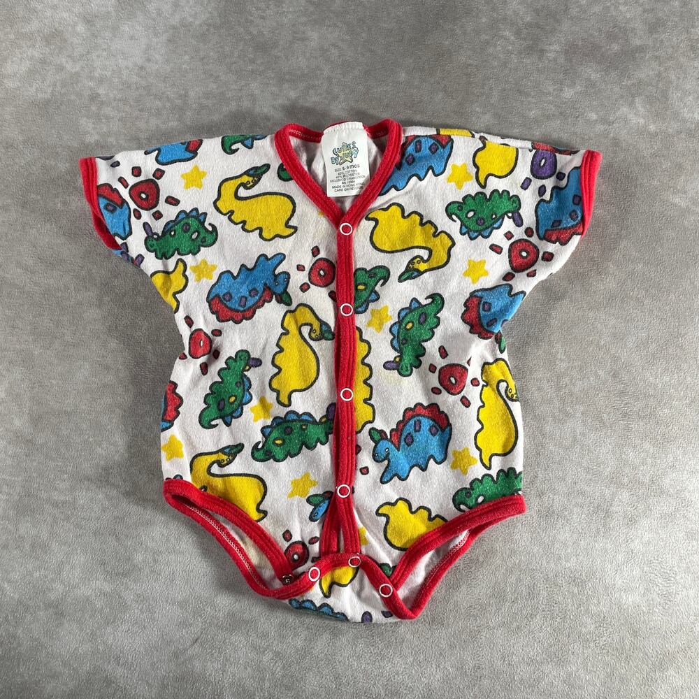 Vintage Cuties by Judy Toddler 6 9 Mos Geometric Dinosaur Multicolor Romper 90s